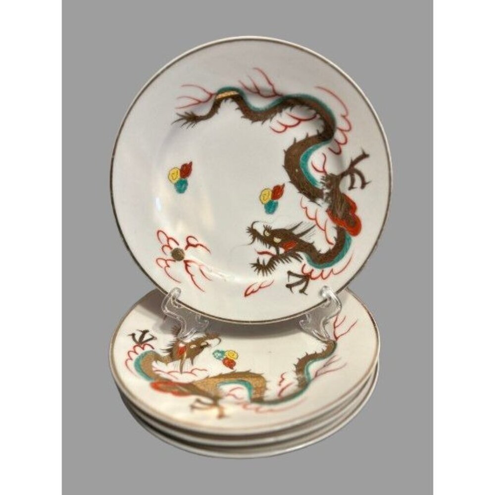 4 Hand-painted Dragonware Plates Japanese Lithophane Geisha Moriage Porcelain